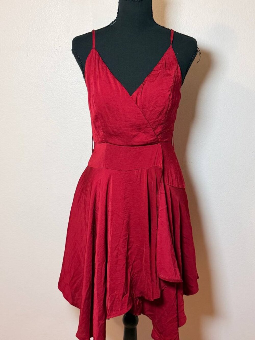 Blush Boutique Red Satin Wrap Mini Dress Asymmetric Hem 90s Romantic Date Night